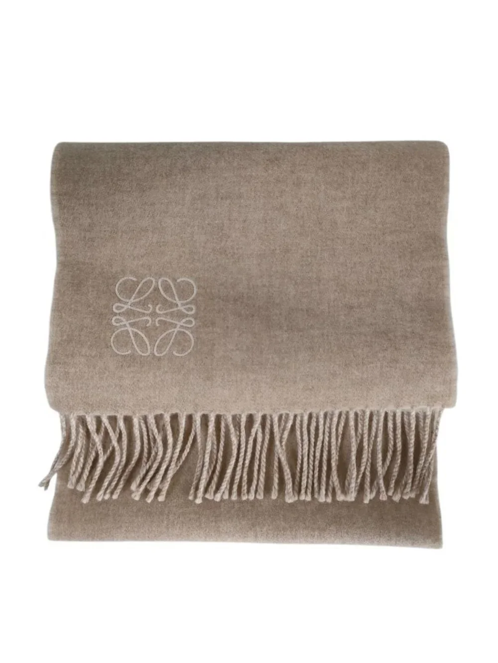 Loewe Anagram Embroidery Wool Cashmere Reversible Fringe Scarf Beige Ivory